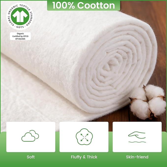 HOMBYS 100% Cotton Upholstery Batting for Cushions, Warm Natural Cotton Roll for Sewing, 200G Couch Cushion Wrap Fluffy and Thick Stuffing for Arts and Crafts, GOTS Organic Certification(36in*5yard)