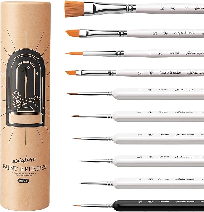 Golden Maple Model Brush Set, 4 Large Dry Brushes 6 Masterclass Kolinsky Sable Miniature Paint Brushes, Fine Detail Paint Brush Set - for Miniature Painting, Drybrushing, Layering & Insane Detail
