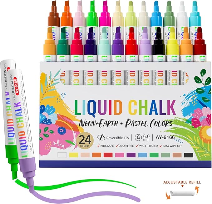 IJIANG 24 Colors Liquid Chalk Markers with 6mm Reversible Bullet & Chisel Tip, Dust Free Chalk Markers for Blackboards Chalkboard Signs Whiteboard Calendar Window Glass