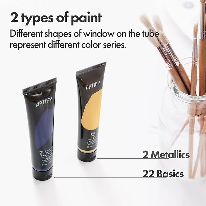 ARTIFY Acrylic Paint, Set Of 24 Color (1.29 oz, 38ml) with a storage box, Rich Pigments, Non Fading, Non Toxic Paints for Artist, Hobby Painters & Kids, Art Supplies for Canvas Painting