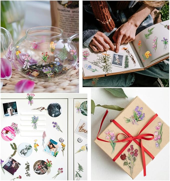 Natural Flower Stickers Set, Colorful Floral Plant PET Decals, Daisy Tulips Lily Rose Pine Branch Leaves Aesthetic Waterproof Stickers for Scrapbook Laptop Bottles DIY Crafts Journals