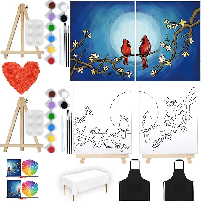 VALLSIP 2 Pack Paint and Sip Black Canvas Painting Kit Pre Drawn Canvas for Painting for adults Stretched Canvas Couples Games Date Night Cardinalis Winter Christmas Anniversary Couple Paint Party