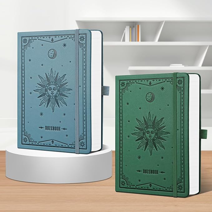 EMSHOI Lined Journal Notebook, 320 Numbered Pages, A5 College Ruled Notebook, with 100 gsm Thick Paper, Hardcover Leather, Contents, Stickers, Inner Pocket, Pen Holder, 5.75 x 8.38-Dark Green