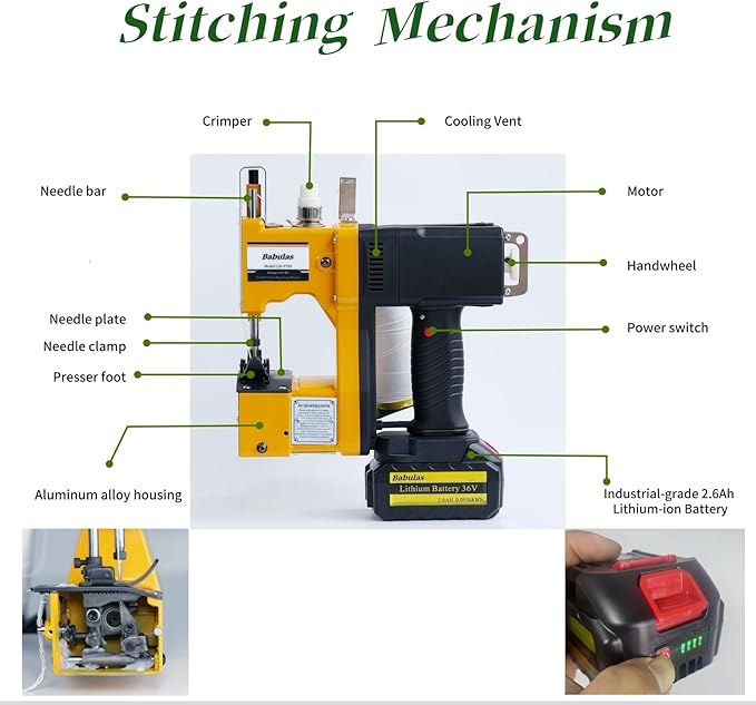 Cordless Bag Sewing Machine | Portable Industrial Bag Closer | 2-Second Fast Sealing for Woven PP/Canvas/Jute Bags | Factory & Farm Bag Stitcher (Yellow, Lithium Battery - 36V DC)