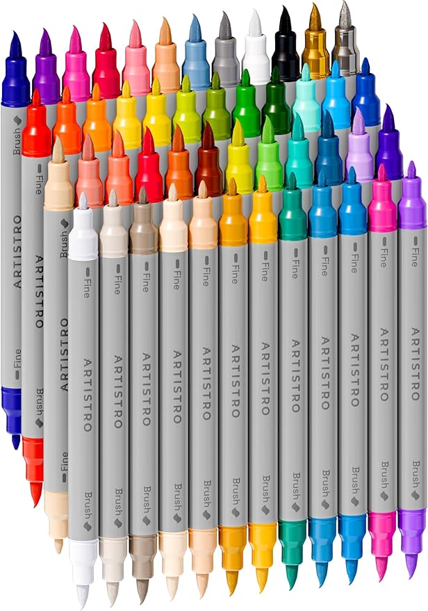 ARTISTRO 48 Acrylic Paint Markers - Paint Pens Dual Tip Brush + Fine Ideal for Calligraphy - Perfect for Fabric, Rock, Glass, Wood, DIY - Art Supplies, Stocking Stuffers, Christmas Gift Idea