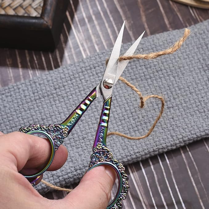 Embroidery Scissors, 4.5in Small Sharp Pointed Tip Vintage Detail Shears with Sheath for Craft, Sewing, Thread Cutting, Artwork, Needlework Rainbow