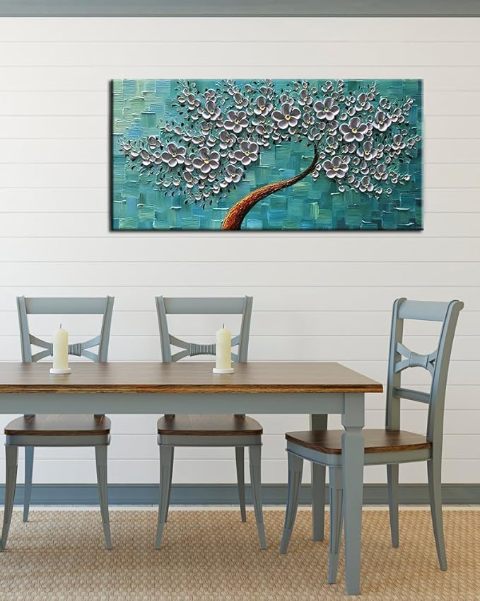 YaSheng Art- 3D Flowers Artwork Oil Painting On Canvas 100% Hand Painted Texture Silver Flowers Paintings Modern Canvas Wall Art Home Bedroom Living Room Office Wall Decor 24x48inch