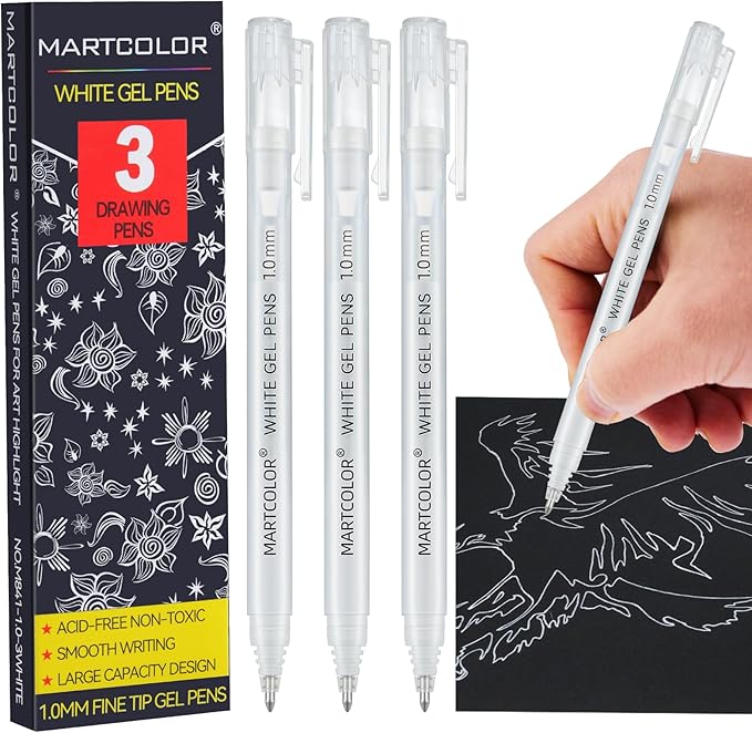 White Gel Pens, 1.0mm Fine Point Opaque Archival Ink Pen for Black Paper Drawing, Art Highlight, Illustration, Bullet Journaling, Card Making & DIY Projects, 3 Pack