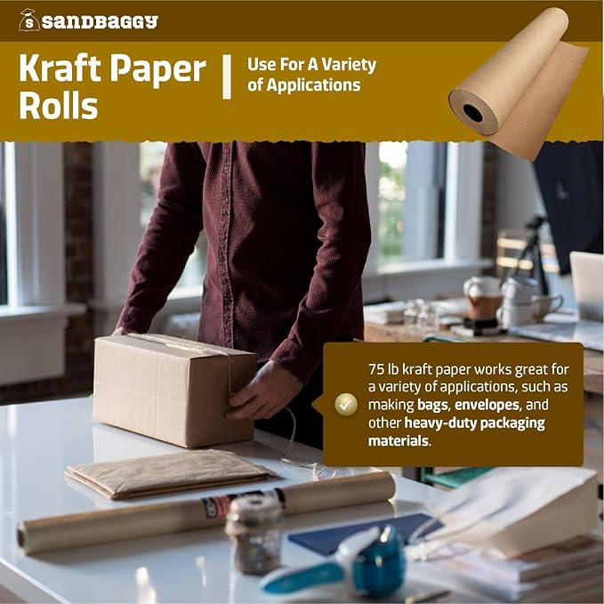 Sandbaggy 75 lb. Recycled Kraft Paper Rolls - Brown, 3 ft x 475 ft (1425 sq ft), Heavy Duty for Shipping, Packaging, Wrapping, and Art Projects