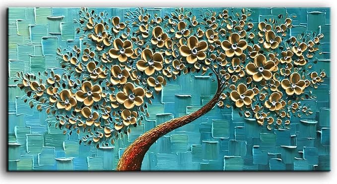 YaSheng Art - Handmade 3D Golden Flowers Artwork Oil Painting On Canvas Texture Palette Knife Flowers Tree Abstract Landscape Paintings Modern Home For Living Room Bedroom Decor Wall Art 20X40 inch