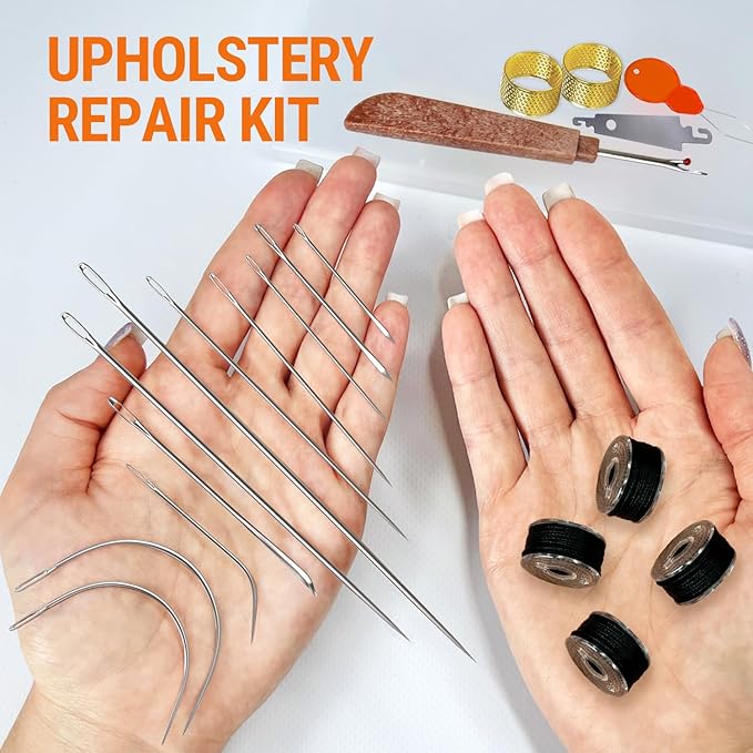 VONEEDL Heavy Duty Sewing Needles (11 PCS) & Waxed Thread (Black Color - 4 Rolls) - Upholstery Repair Kit for Leather, Canvas, Quilting & More