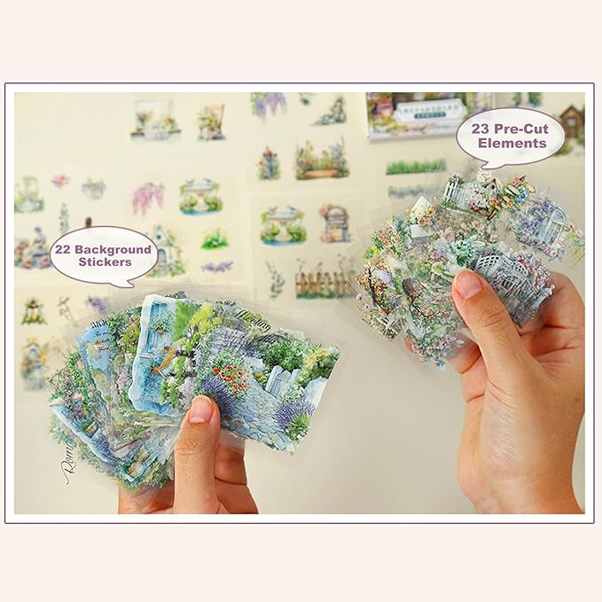 90 PCS City & Garden Street Scene Pre-Cut PET Stickers - Watercolor Backgrounds with Shops Cars Lamps Flowers for Scrapbook Journal Travel Collage Décor