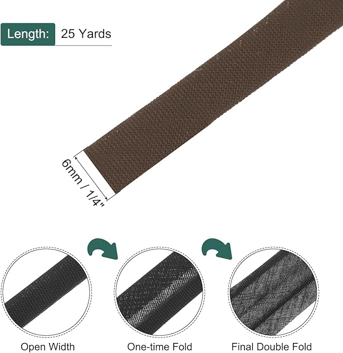 MECCANIXITY 1/4 Inch Double Fold Bias Tape Polyester Continuous Bulk Bias Tape for Sewing,Seaming Quilting Hemming Binding Crafts (Brown 25 Yards)