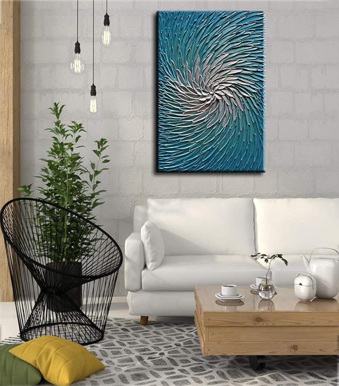 YaSheng Art - Contemporary Art Oil Painting on Canvas 3D Metallic Blue and Silver Texture Abstract Art Pictures Canvas Wall Art Paintings Modern Home Decor Abstract Paintings Ready to hang24x36inch