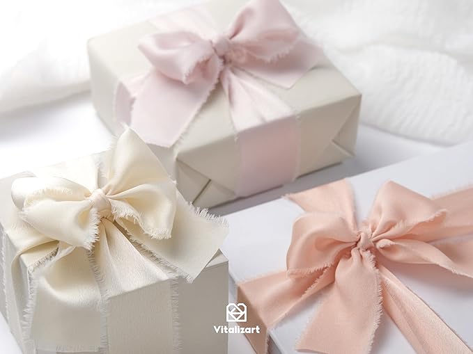 Vitalizart Silk Satin Ribbon 1-1/2 inch x 15 Yard with Wooden Spool Pink & White Handmade Frayed Ribbons for Gift Wrapping Baby Shower Wedding Bridal Bouquets Holiday Decor