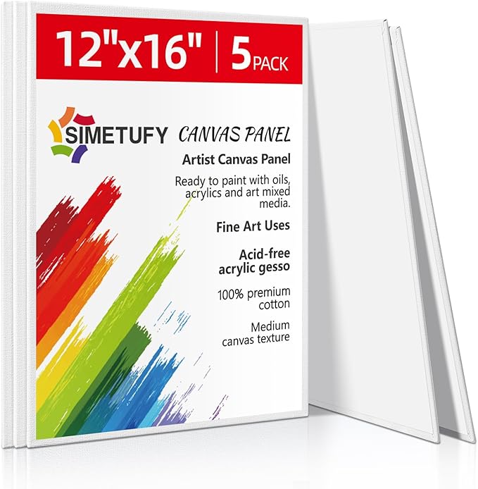 Simetufy 12 x 16 inch 5 Pack Painting Canvas Boards- Gesso Primed Acid-Free 100% Cotton Large Canvas Panels for Acrylics Oil Watercolor Tempera Paints