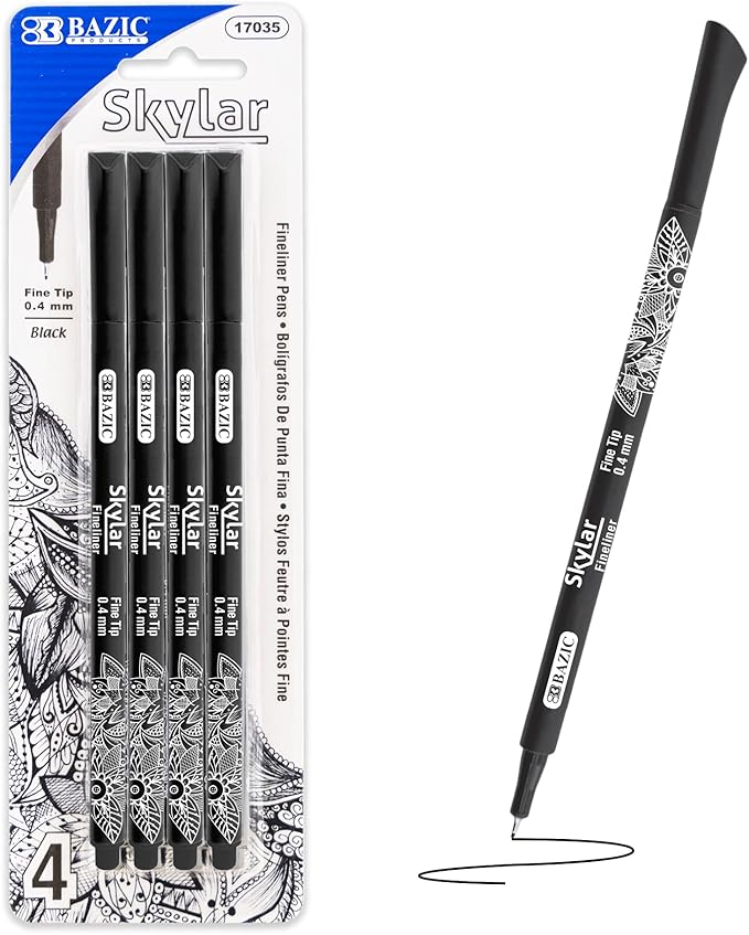BAZIC Products Skylar Fineliner Pen, Fine Tip 0.4mm Pens, Black Ink, Writing Drawing Bullet Journaling Notes for Art Graphic Office School, 4 Count, 24-Pack