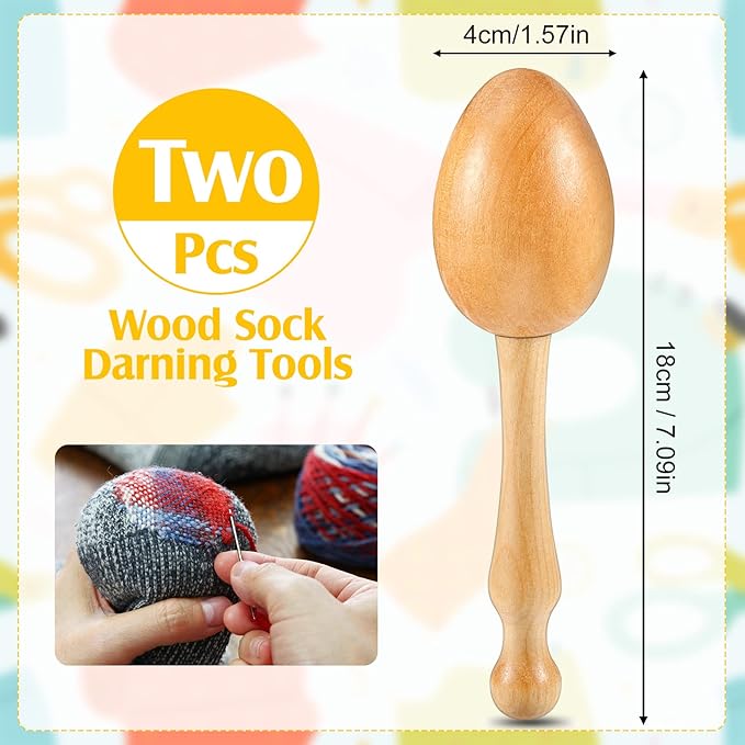 Yalikop 2 Pieces Wooden Darning Egg for Socks Wood Darning Supplies for Egg with Handle for Socks Clothes Adults Darner DIY Handicraft Travel Home Sewing Care