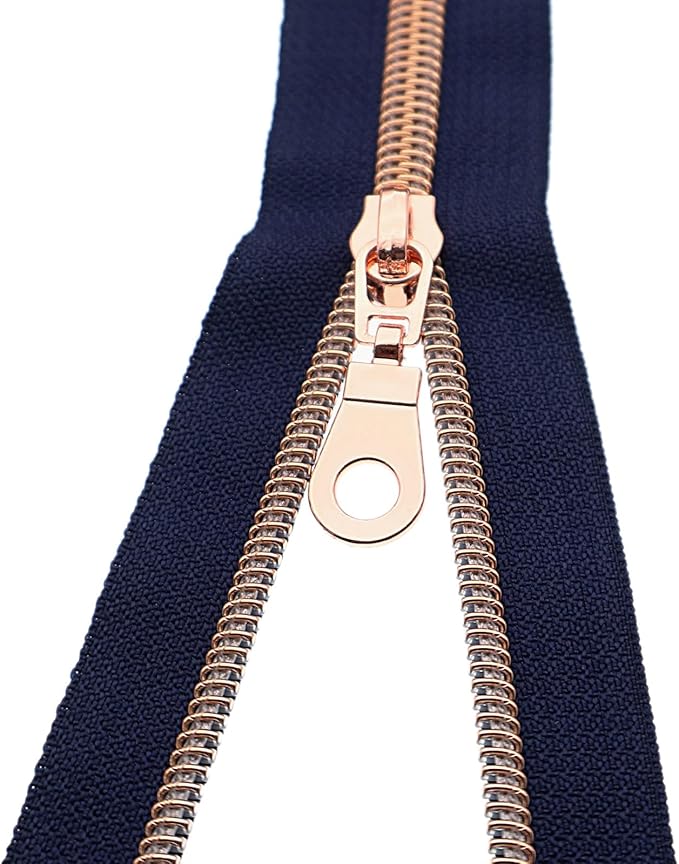#5 Rose Gold Metallic Nylon Coil Zippers by Yard Bulk Coil Zipper Roll 10 Yards with 25pcs Silver Pull for DIY Sewing Craft Bag(Navy Blue) YIGUANXIN
