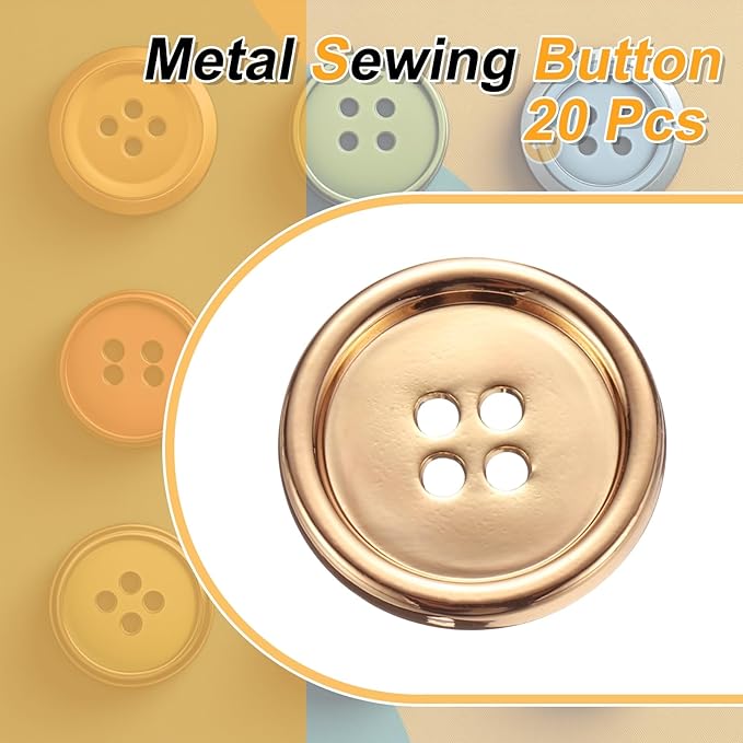 HARFINGTON 20pcs Metal Sewing Button, 23mm 4-Hole Round Suit Shirts Coats Clothes Sewing Buttons for Decoration Craft, Gold