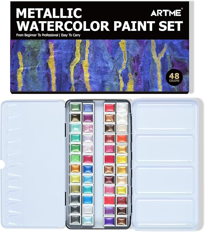 ARTSY Metallic Watercolor Paint Set – 48 Glitter Colors in A Metal Case with Palette Perfect for Artists, Hobbyists, Students, Beginners