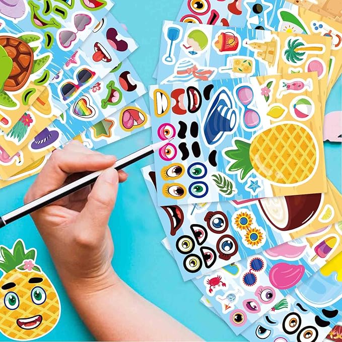 24 Sheets Summer Make a Face Sticker for Kids, Hawaii Tropical Pool Beach Stickers, Make Your Own Sticker with Pineapple Flamingo Beverage, Summer Holiday Party Favors