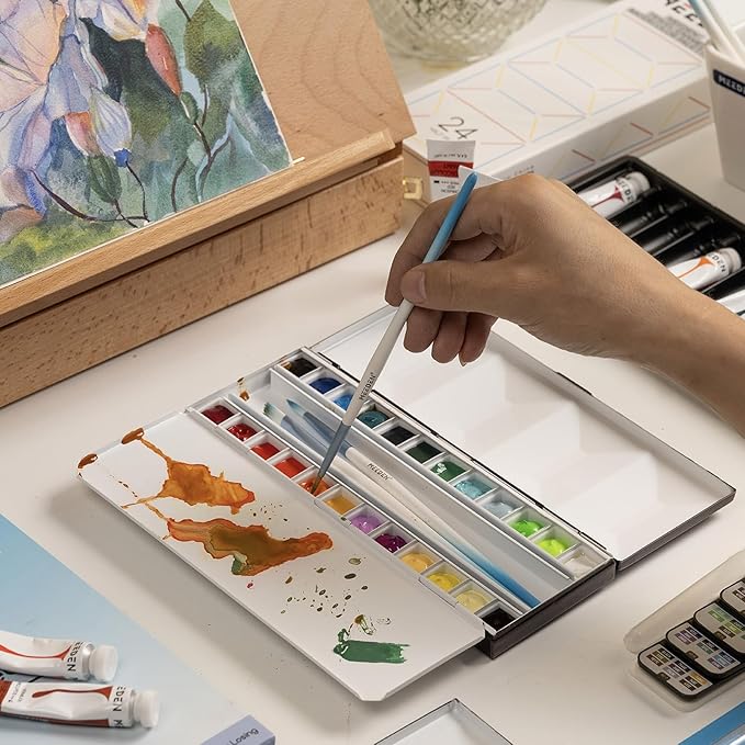 MEEDEN Empty Watercolor Tin Palette: Travel Water Color Paint Palette with 24 Half Pans - Portable Enamel Watercolour Box with Mixing Tray lid Black