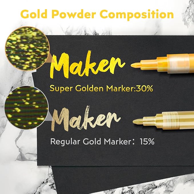 5 Pack Super Gold Paint Markers - Metallic Gold Acrylic Paint Pens Glitter Extra Fine Tip 0.7mm for Black Paper,Wood, Rock Painting, Glass, Fabric