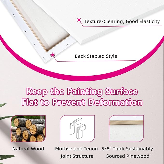 24-Pack Stretched Canvas for Painting, 6 Sizes 4"x4" to 16"x20" Canvas, 12 oz Double Primed 100% Cotton Black Canvas, Reinforced Wood Frame, Perfect for Oil, Acrylic & Mixed Media Artists