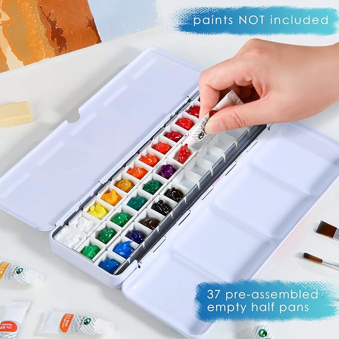 PEVART Empty Watercolor Palette Tins Box Metal Paint Case with Fold Out Palette, Medium Colorful Watercolor Tray Palette with 37 Half Pans and a Water Color Pen for DIY Travel Watercolor Palette