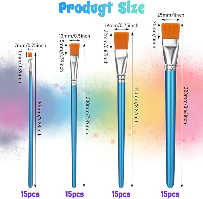 60 Pcs Paint Brush Set Bulk Acrylic Brush Wood Paint for Detail Art Crafts Kids Artist Adult Watercolor Oil Face Body(1, 0.75, 0.5, 0.25 Inch,Flat Style)