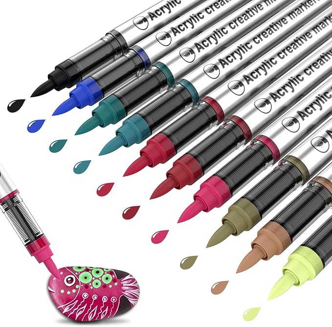 10 Color Acrylic Paint Markers Brush Tip, Waterproof, No-Bleed Ink with Automatic Ink Control, Premium Paint Pens for Rock, Wood, Canvas, Glass, Fabric for Professional and Adult Artists