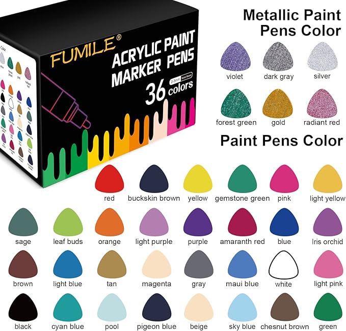 FUMILE 36 Colors Medium Tip Paint Pen Markers, Acrylic paint Markers with 100% More Ink for Wood, Rocks, Glass, Ceramic, Canvas,Paper,Eggs, Acrylic Paint Pens Set for Craft Projects,DIY.