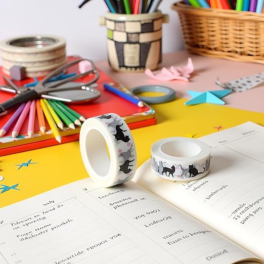 2Pcs Black Cat Kawaii Washi Decoration Cat and Masking Tape - 1.5cm*10m for DIY Scrapbooking, Crafts and Planners