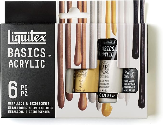Liquitex BASICS Acrylic Paint Set, 6 x 22ml (0.74-oz) Tube Paint Set, Metallic & Iridescent