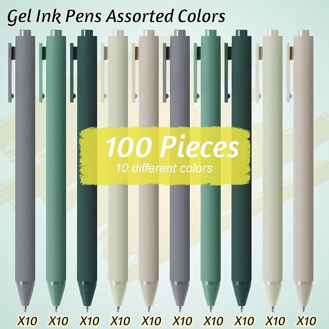 Crtiin 100 Pcs Gel Ink Pens Bulk, Black Ink 0.5mm Fine Point Retractable Pen Smooth Writing Office Supplies for Teacher Server Nurse Christmas Charity Donation Valentine (Green Series)