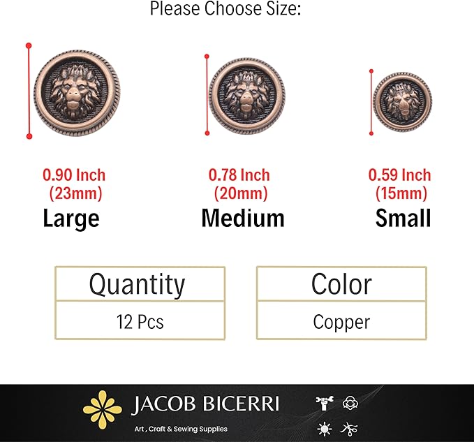 Antique Copper Metal Shank Buttons - 12 Pcs - 3 Size Options - Lion Round Metal Shank Buttons Vintage for Men Women Blazer Coat Uniform Shirt Suit and Jacket Sewing Craft DIY N21203