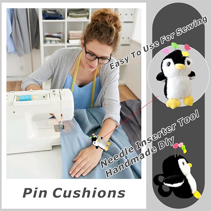 Lovely Penguin Wrist Pin Cushion Kit for Sewing with 50 Cute Bird Needles,Including Threader, Thimble ＆Tape Measure for Quilting DIY Projects.
