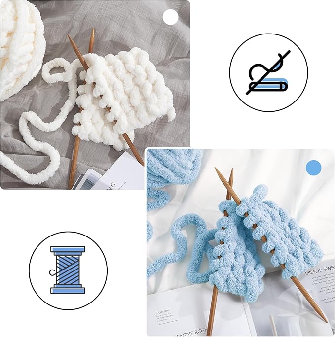 MABOZOO Assorted Chunky Yarn for Crocheting 8 Pack,Fluffy Jumbo Chenille Yarn,Soft Plush Yarn Bulky,Giant Thick Fuzzy Yarn for Hand or Arm Knitting,Cream & Sky Blue(31.7 yds,8 oz Each Skein)