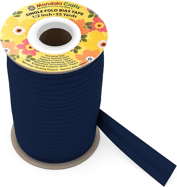 Mandala Crafts 1/2 Inch Single Fold Bias Tape for Sewing, Quilting, Piping, Hemming, Blanket & Quilt Binding – 55 Yards Navy Blue Fabric Seam Binding Tape