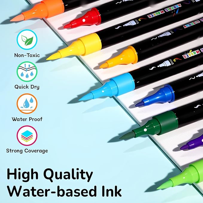 Acrylic Markers, 30 Dual-Tip Paint Pens for Rock Painting, Colouring Books, Mugs, Canvas Shoes, Metal, Scrapbooking - Quick Dry, Brush & Fine, Drawing Markers, Classrooms Must Have