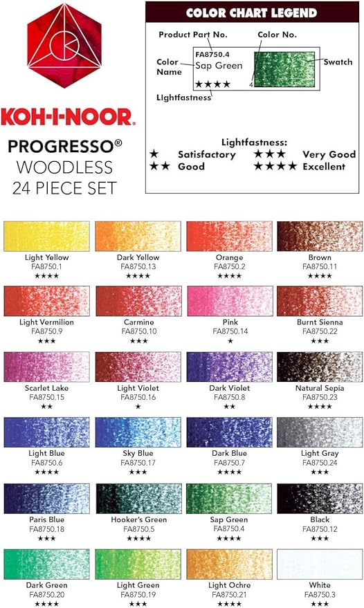 Koh-I-Noor Progresso Woodless Colored 24-Pencil Set, Assorted Colored Pencils (FA8758.24)