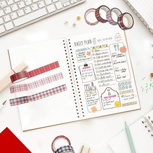 12 Rolls Christmas Basic Grid Washi Tape Set, Red Blue White Plaids Decorative Paper Stickers for Thanksgiving Independence Day Scrapbook Journaling DIY Art Crafts Gift Wrapping 16.4FT
