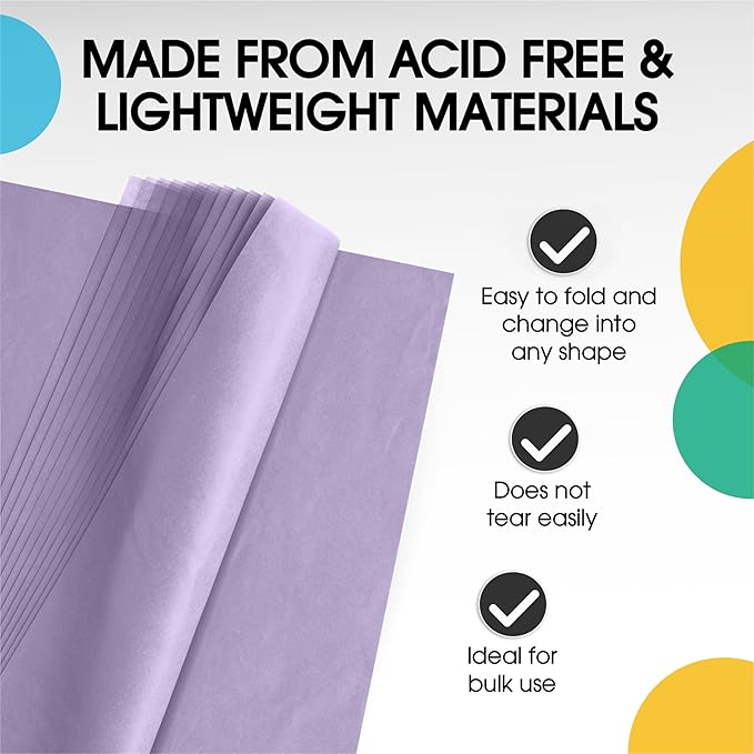 Party Solids Lavender Tissue Paper for Gift Bags - 20" X 30" Bulk Tissue Paper Lavender 480 Sheets - 10lb Newsprint for Packing, Birthday Gift Box Filler, Packing Supplies for Moving Supplies
