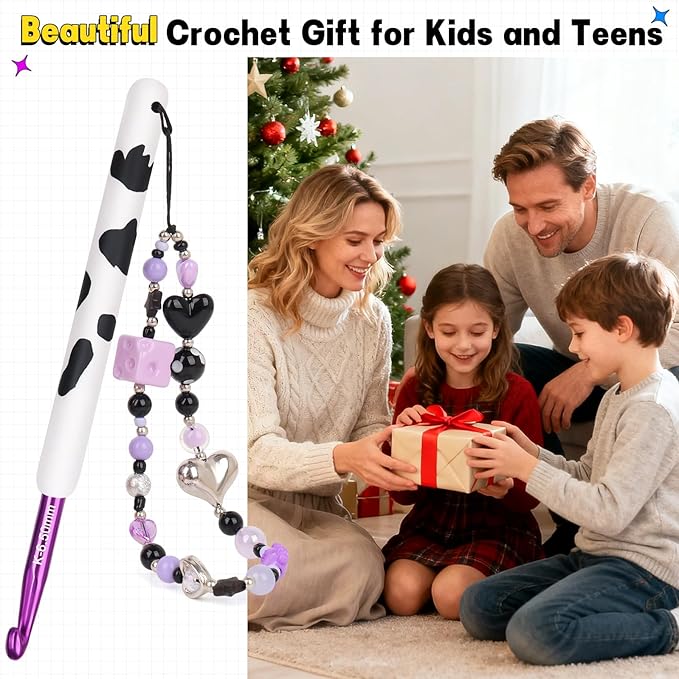 Katech Ergonomic Crochet Hook, Aluminum Soft Grip Crochet Hooks for Beginners and Arthritic Hands, Soft Clay Crochet Needle with Cow Motif and Bead Chain-Ideal Gift for Crocheter (6.5mm)