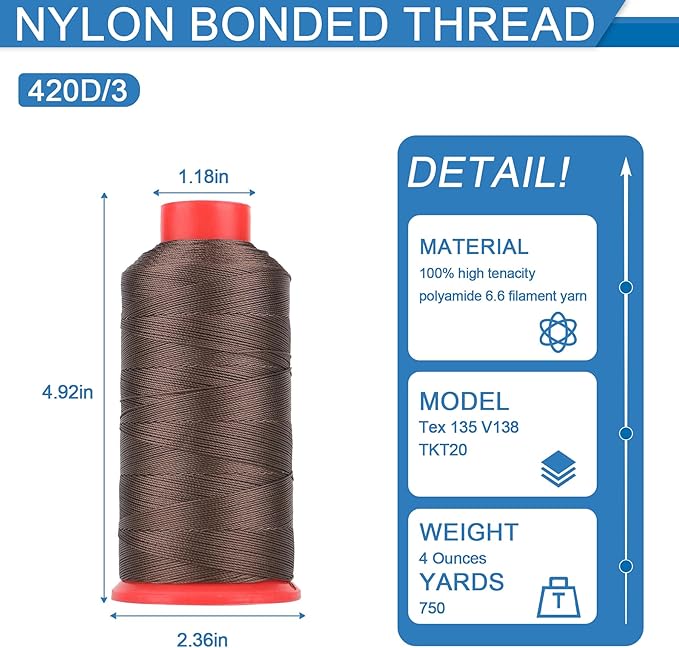 Heavy Duty Bonded Nylon 66 Sewing Thread 420D/3 T135#138 750 Yards for Canvas Furniture Upholstery Leather Goods Leather Footwear Outdoors(588, 420D/3)