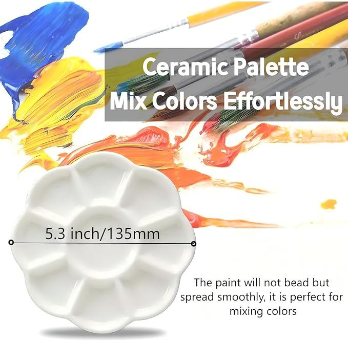 Porcelain Watercolor Palette, Ceramic Artist Paint Palette, Watercolor Mixing Tray for Watercolor Gouache Acrylic Oil Painting (5 * 5'' 9-Well Round)