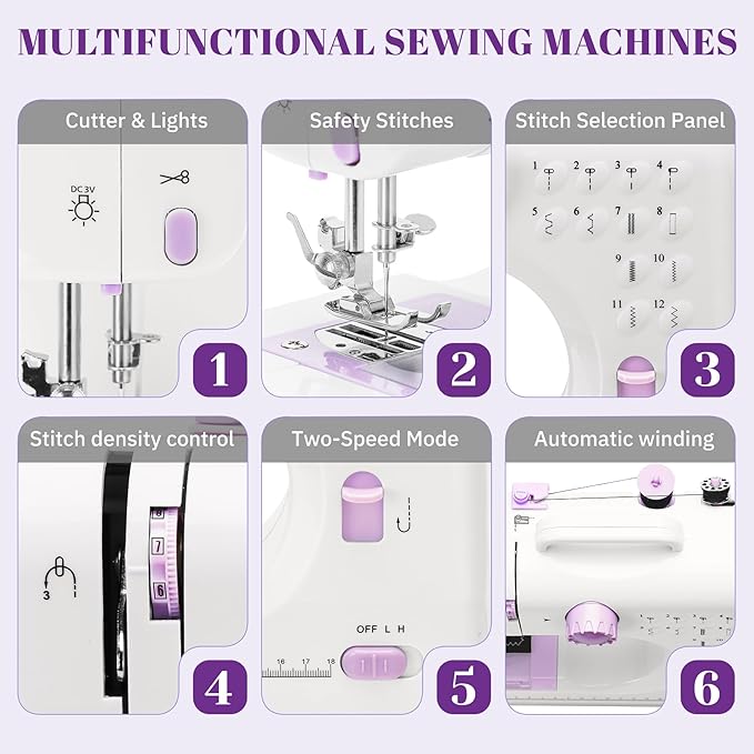 Beginner Sewing Machine, 12 Built-in Stitches with Foot Pedal, 2-Speed Control, Portable Mini Sewing Machine for Home Travel Use & Sewing Enthusiasts (purple)