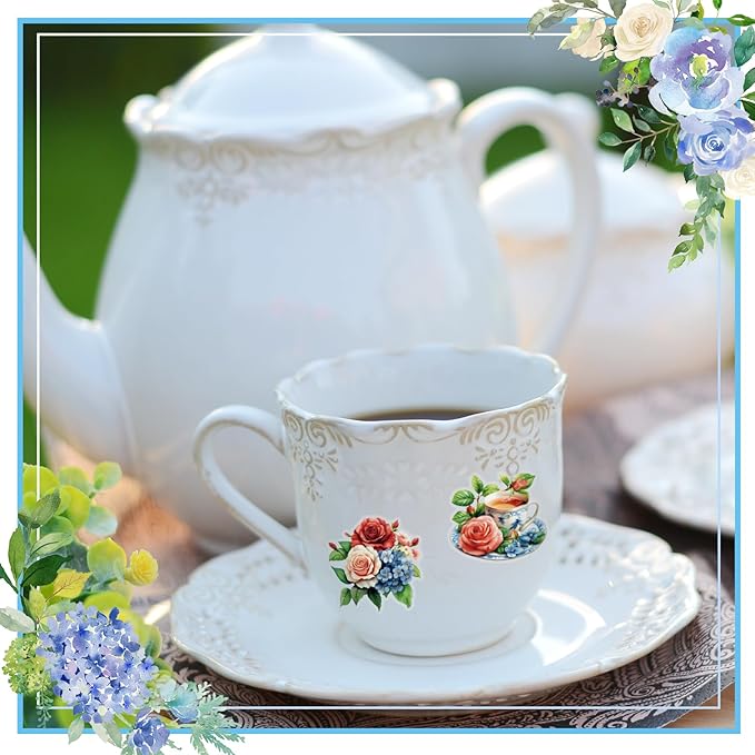 300 Pcs Rose Tea Cup Stickers Rustic Mini Teacup Stickers Tea Aesthetic Waterproof Vinyl Decals Pack for Water Bottles Scrapbooking Laptop Luggage Phone Skateboard
