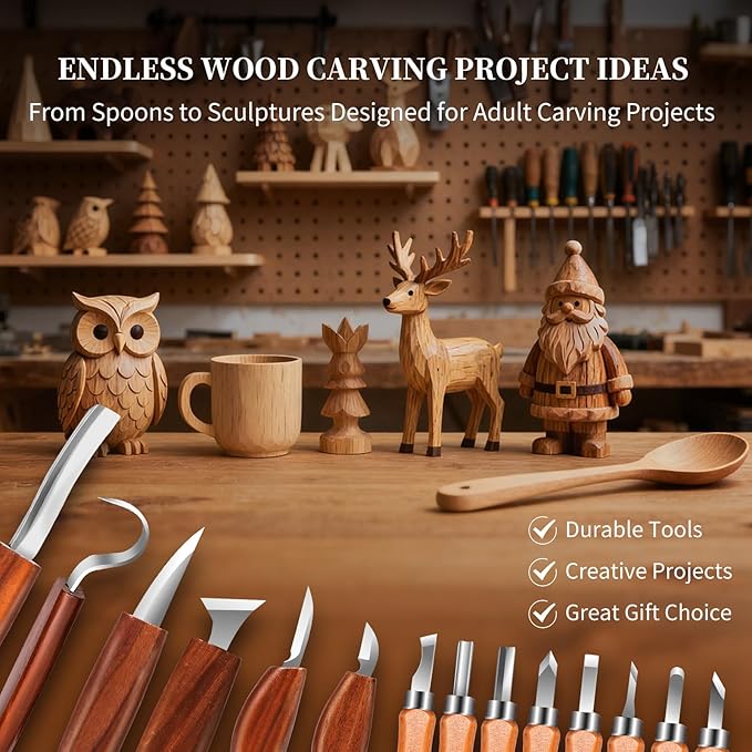 YOYUPETA Wood Carving Kit, 30-Piece Professional Whittling & Carving Tool Set with Walnut Handle Knives, Detail Gouges, Sharpening Stone, Strop & Cut-Resistant Gloves for Adult Hobbyists and Craft Use